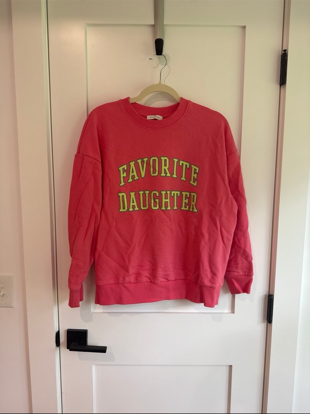 Favorite Daughter Coral Pink Crewneck Sweatshirt with Lime Lettering